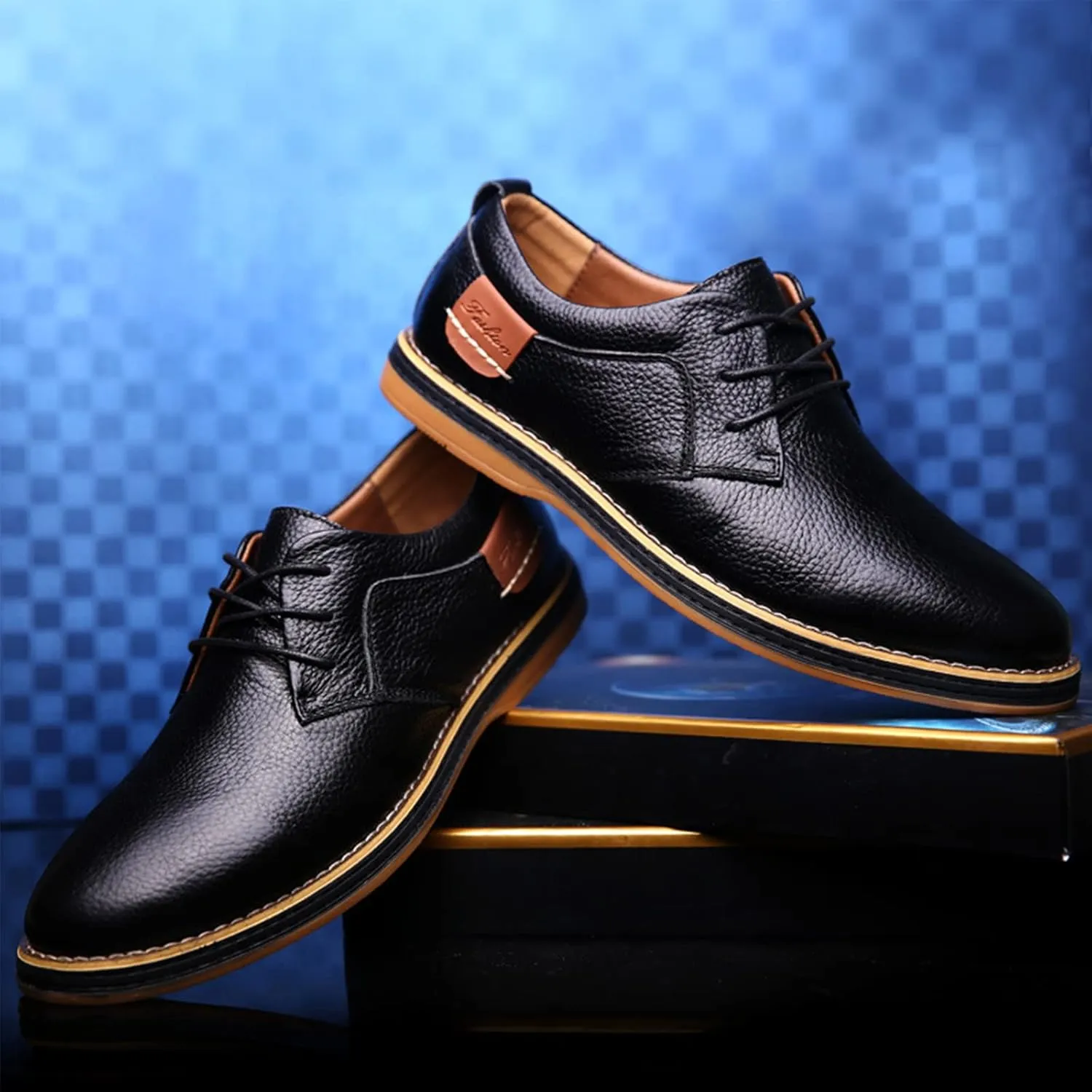 Men's Casual Leather Dress Shoes Formal Oxford,Classic Non-Slip Breathable Lace Up Plain Toe Flat Business Derby Shoes