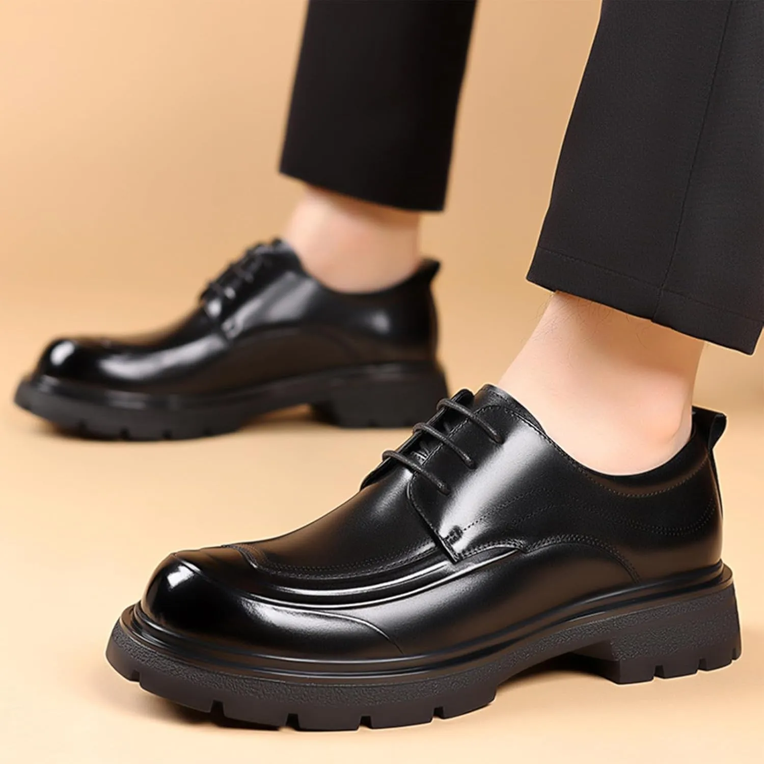 Men's Fashion Genuine Leather Wingtip Dress Oxford Shoes Retro Round Toe Comfortable Lug Sole Non-Slip Lace-Up Dress Shoes Business Work Shoes
