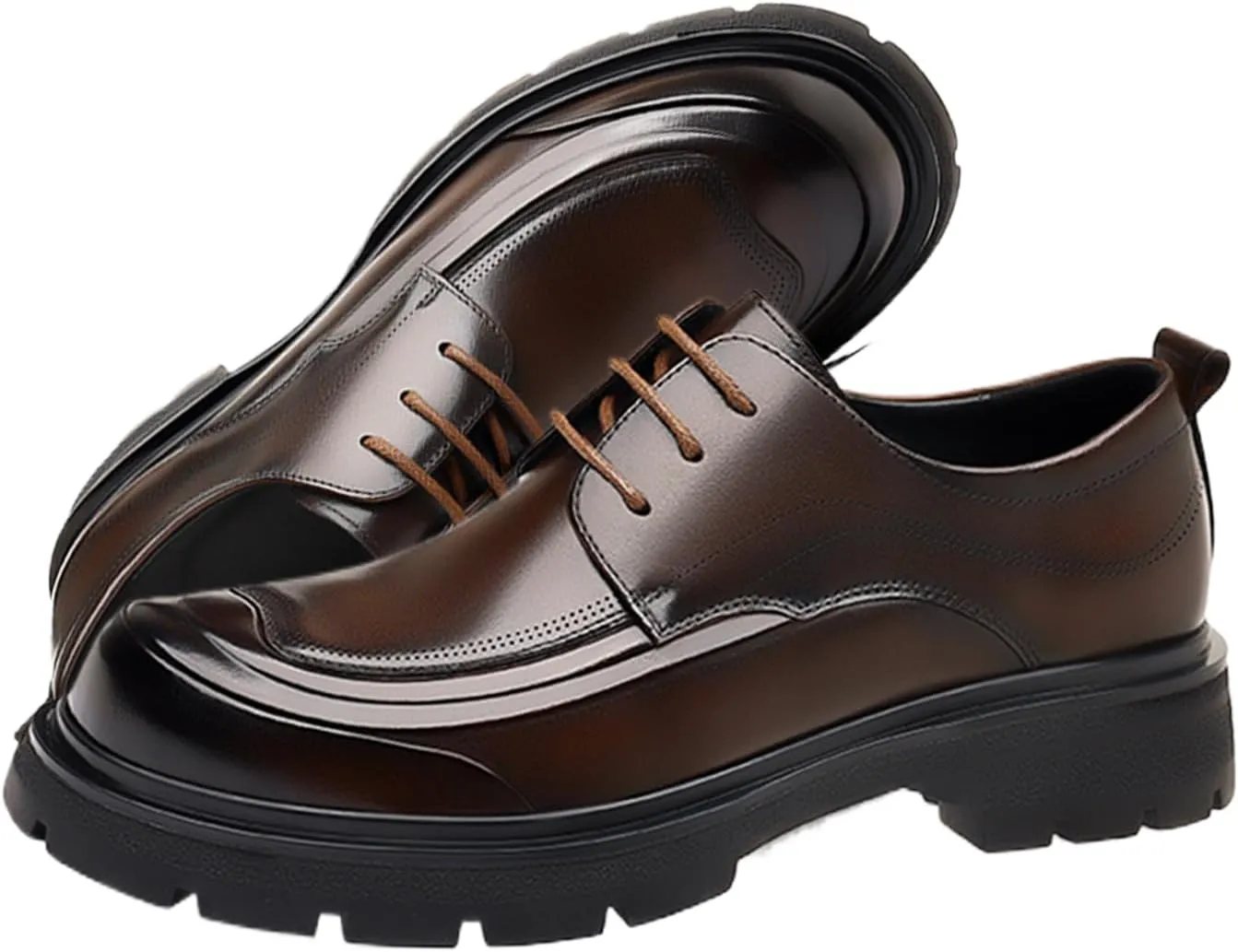 Men's Fashion Genuine Leather Wingtip Dress Oxford Shoes Retro Round Toe Comfortable Lug Sole Non-Slip Lace-Up Dress Shoes Business Work Shoes