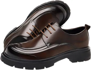 Men's Fashion Genuine Leather Wingtip Dress Oxford Shoes Retro Round Toe Comfortable Lug Sole Non-Slip Lace-Up Dress Shoes Business Work Shoes