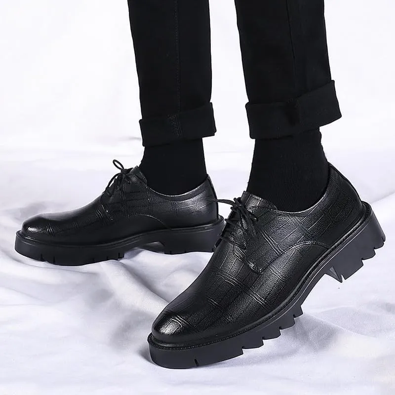 Men's Genuine Leather Lace-up Oxfords Shoes Height Increasing Non-Slip Softsole Walking Derby Shoes Mens Retro Comfortable Business Dress Shoes