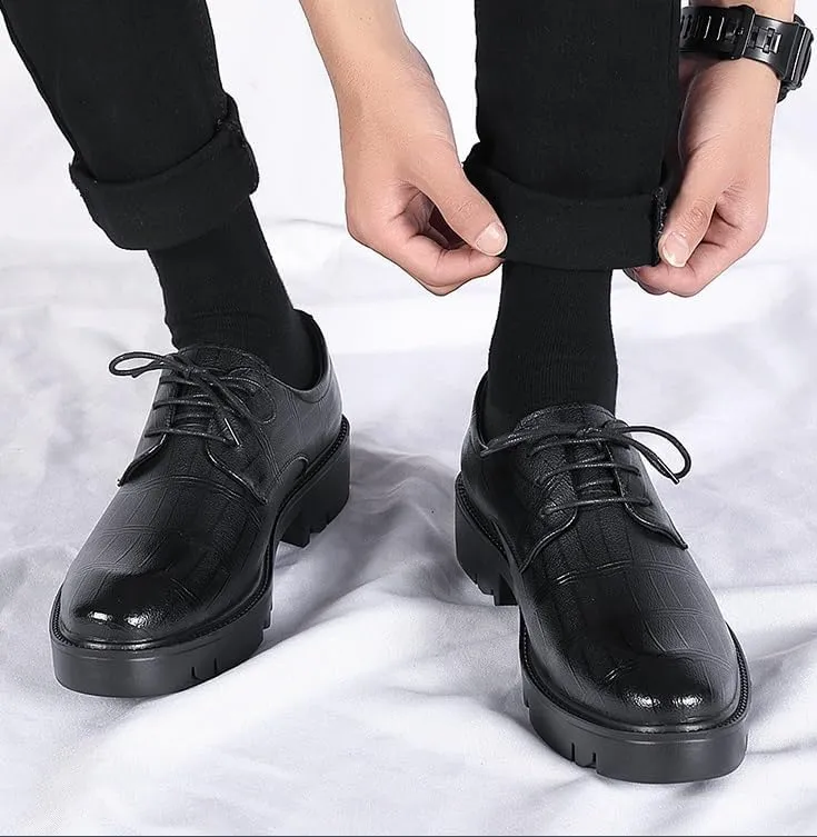 Men's Genuine Leather Lace-up Oxfords Shoes Height Increasing Non-Slip Softsole Walking Derby Shoes Mens Retro Comfortable Business Dress Shoes