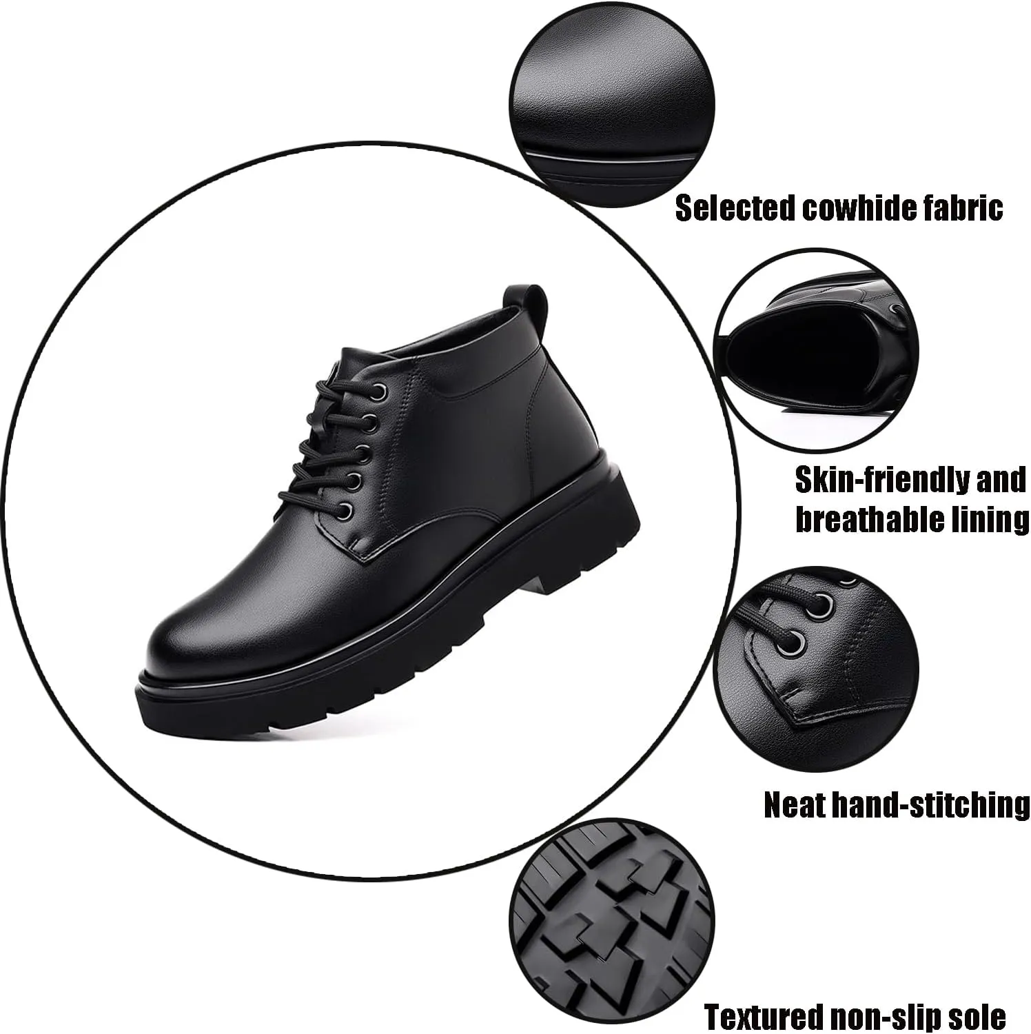 Men's Genuine Leather Lace Up Platform Ankle Boots Luxury Round Toe Heightening Soft Bottom Business Dress Oxfords Anti-slip Waterproof Work Boots