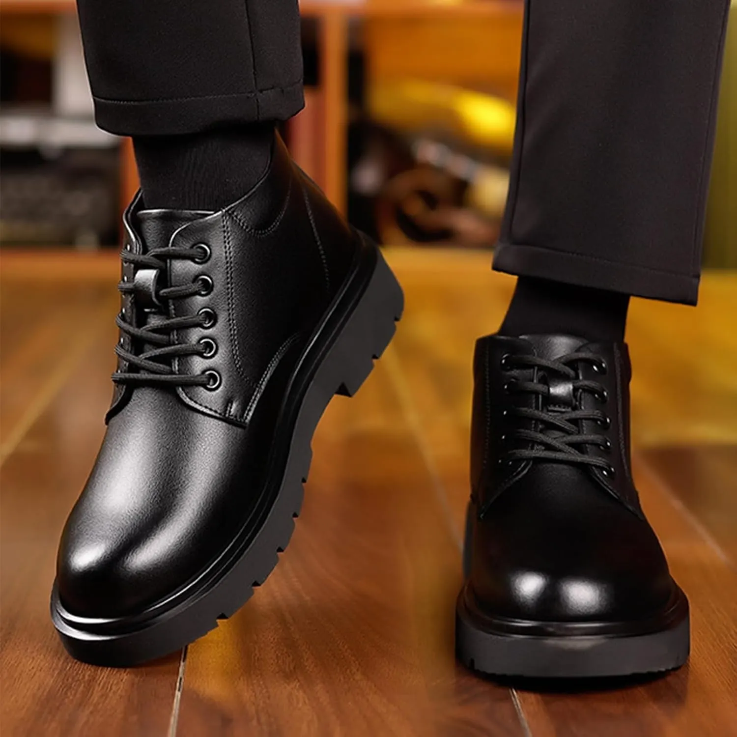 Men's Genuine Leather Lace Up Platform Ankle Boots Luxury Round Toe Heightening Soft Bottom Business Dress Oxfords Anti-slip Waterproof Work Boots