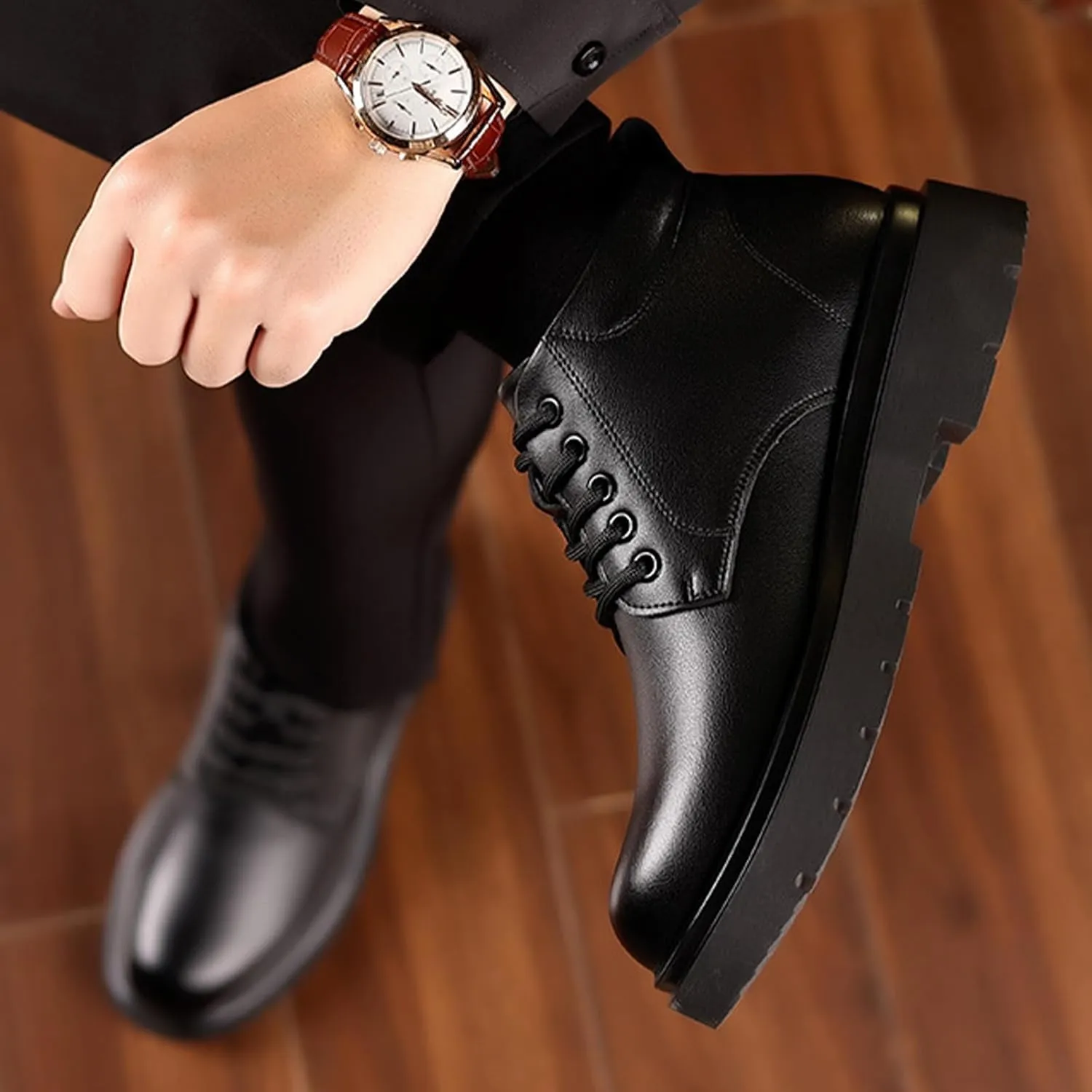 Men's Genuine Leather Lace Up Platform Ankle Boots Luxury Round Toe Heightening Soft Bottom Business Dress Oxfords Anti-slip Waterproof Work Boots
