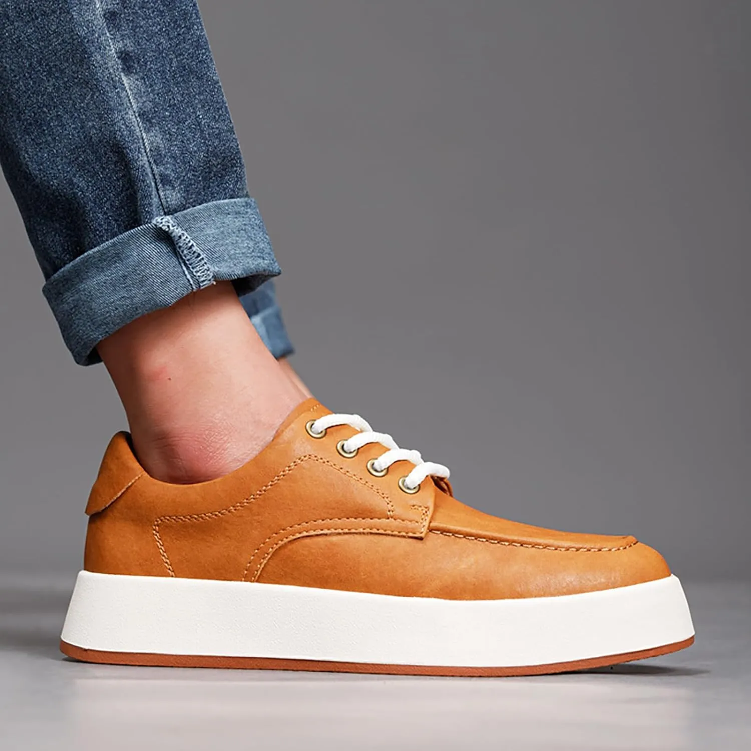 Men'S Leather Slip-On Platform Casual Oxford Shoes Fashion Handmade Lightweight Breathable Platform Lace-Up Sneakers Casual Comfortable Driving Office Work Shoes