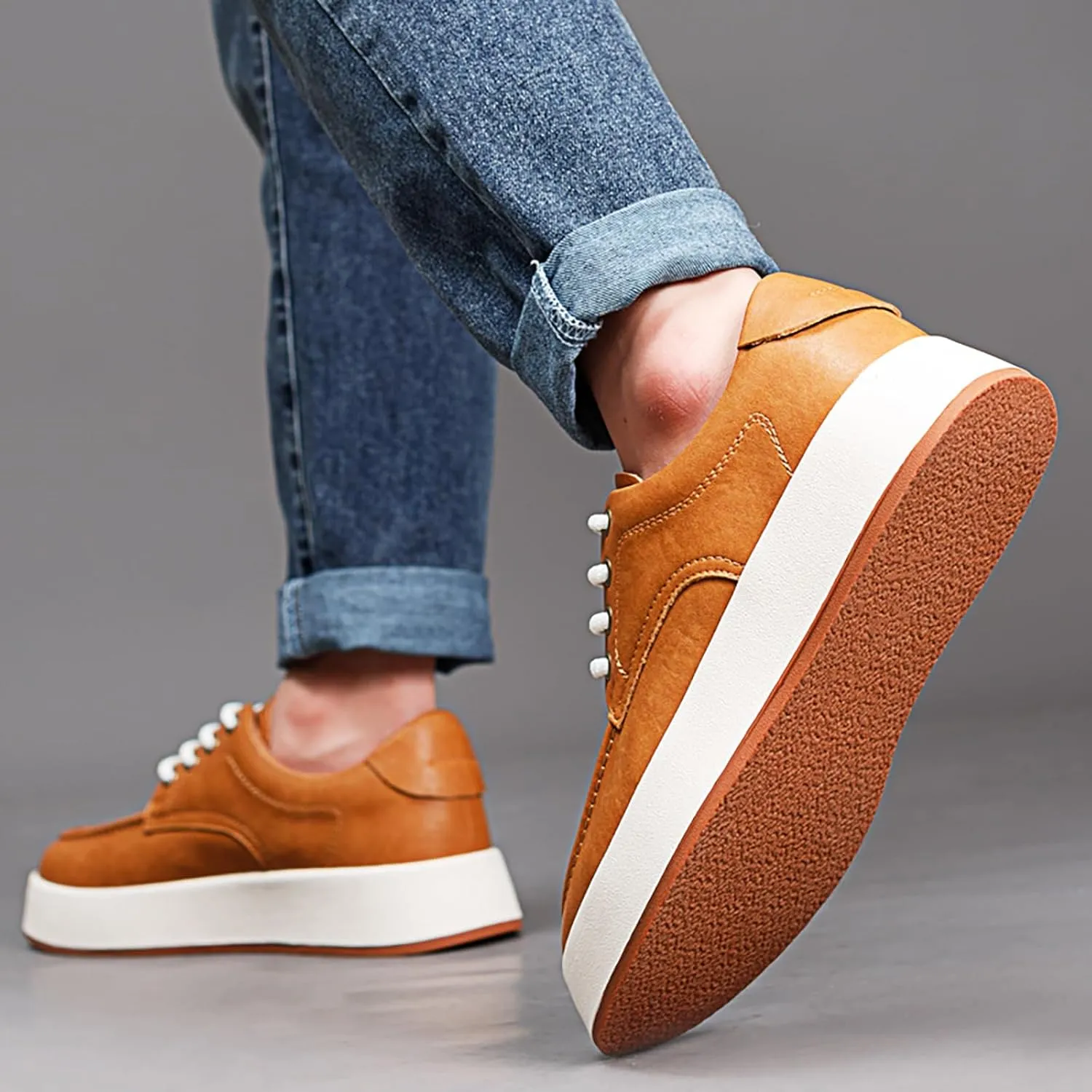 Men'S Leather Slip-On Platform Casual Oxford Shoes Fashion Handmade Lightweight Breathable Platform Lace-Up Sneakers Casual Comfortable Driving Office Work Shoes