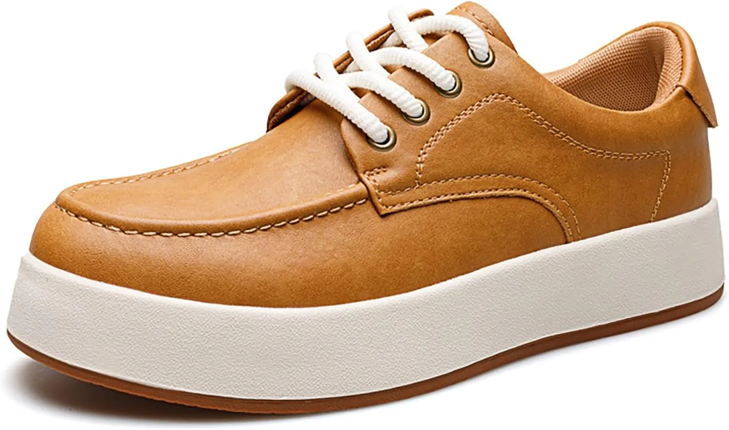 Men'S Leather Slip-On Platform Casual Oxford Shoes Fashion Handmade Lightweight Breathable Platform Lace-Up Sneakers Casual Comfortable Driving Office Work Shoes
