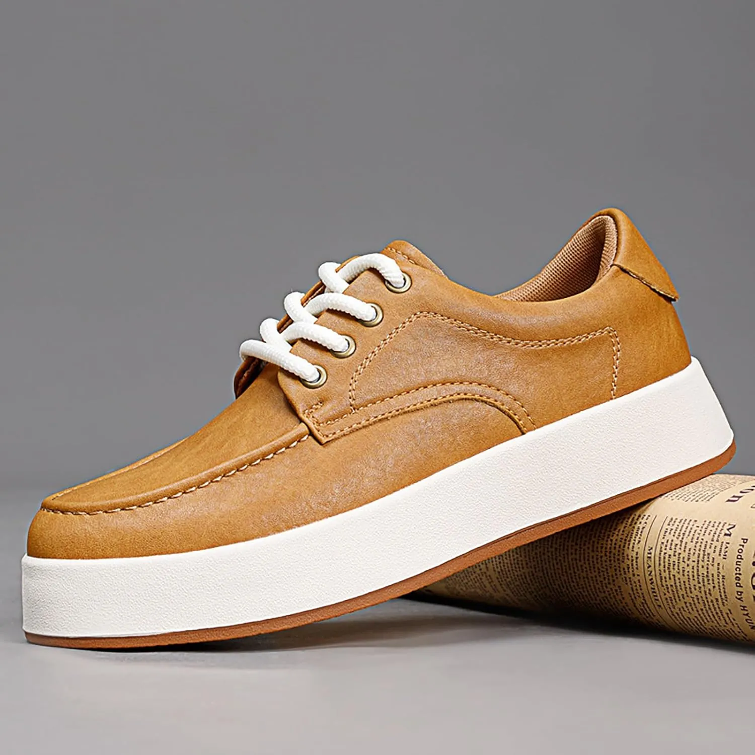 Men'S Leather Slip-On Platform Casual Oxford Shoes Fashion Handmade Lightweight Breathable Platform Lace-Up Sneakers Casual Comfortable Driving Office Work Shoes