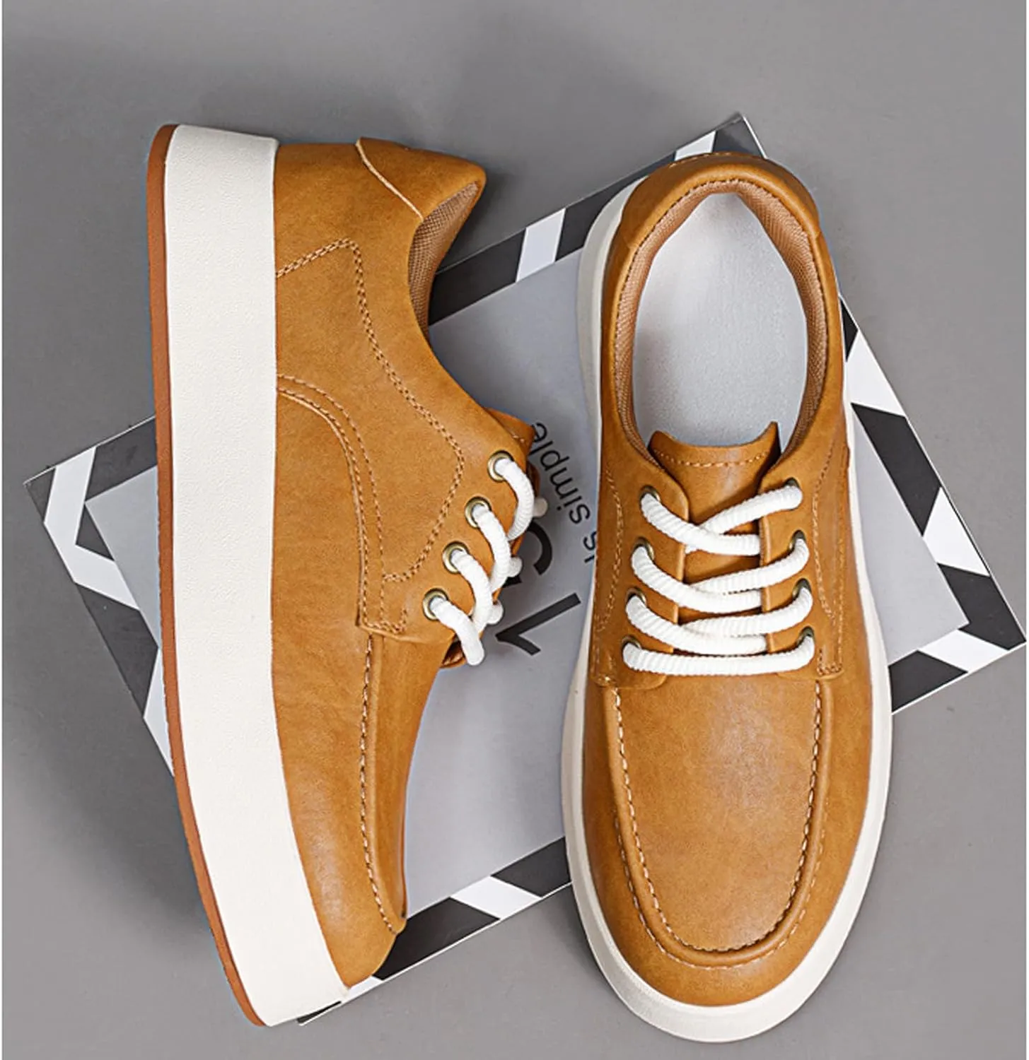 Men'S Leather Slip-On Platform Casual Oxford Shoes Fashion Handmade Lightweight Breathable Platform Lace-Up Sneakers Casual Comfortable Driving Office Work Shoes