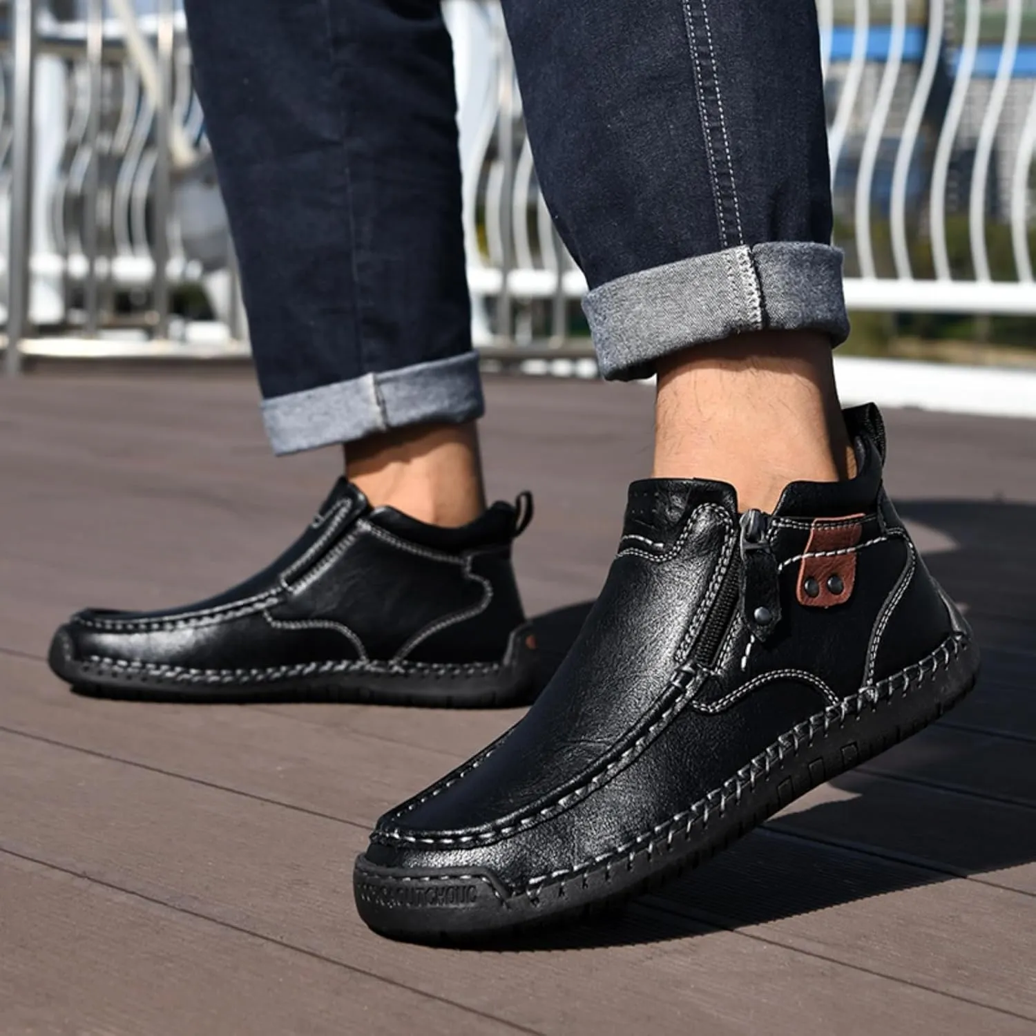 Mens Mid-Top Leather Chukka Ankle Boots with Side Zipper Casual Comfortable Round Toe Non-Slip Flats Loafers for Walking Outdoor Hiking