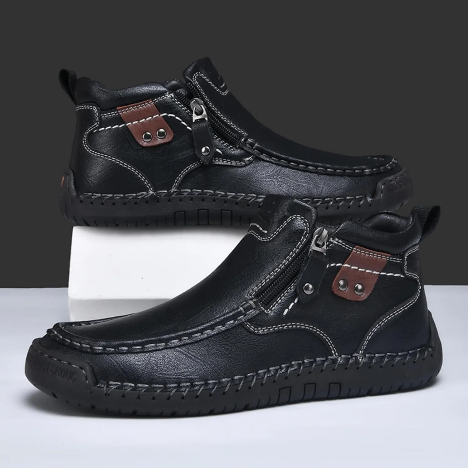 Mens Mid-Top Leather Chukka Ankle Boots with Side Zipper Casual Comfortable Round Toe Non-Slip Flats Loafers for Walking Outdoor Hiking
