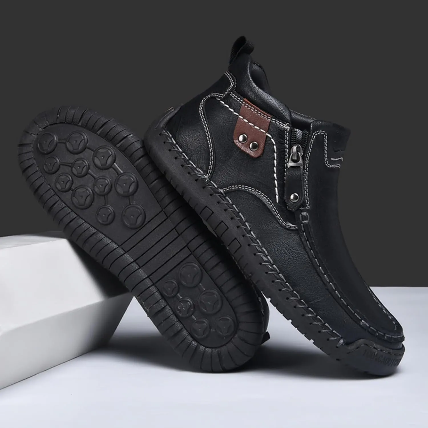 Mens Mid-Top Leather Chukka Ankle Boots with Side Zipper Casual Comfortable Round Toe Non-Slip Flats Loafers for Walking Outdoor Hiking