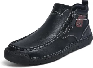 Mens Mid-Top Leather Chukka Ankle Boots with Side Zipper Casual Comfortable Round Toe Non-Slip Flats Loafers for Walking Outdoor Hiking