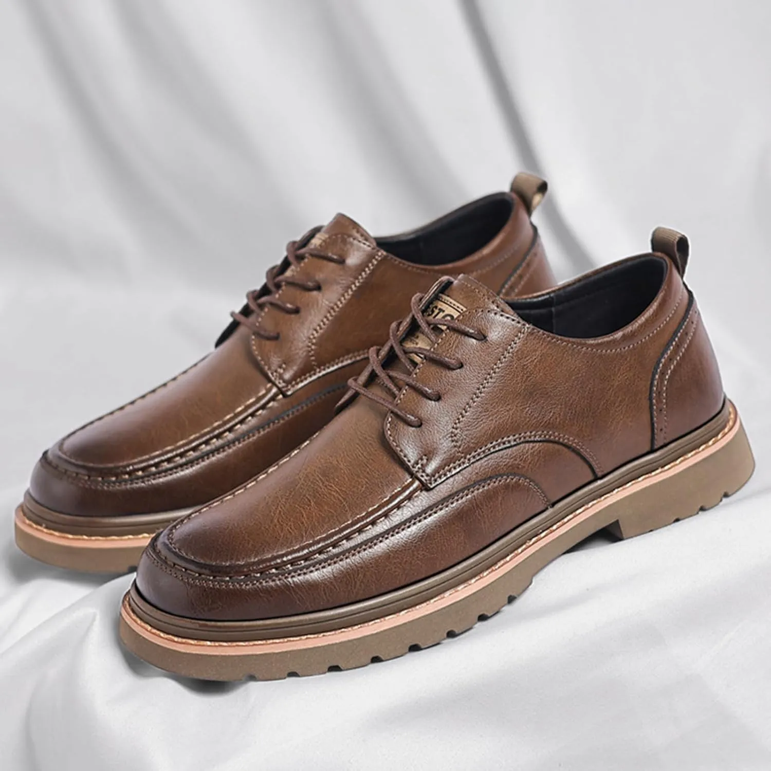 Men's Round Toe Lace Up Platform Oxfords Shoes Classic Comfort Slip-on Chunky Heel Lug Sole Non-Slip Waterproof Business Formal Derby Shoes