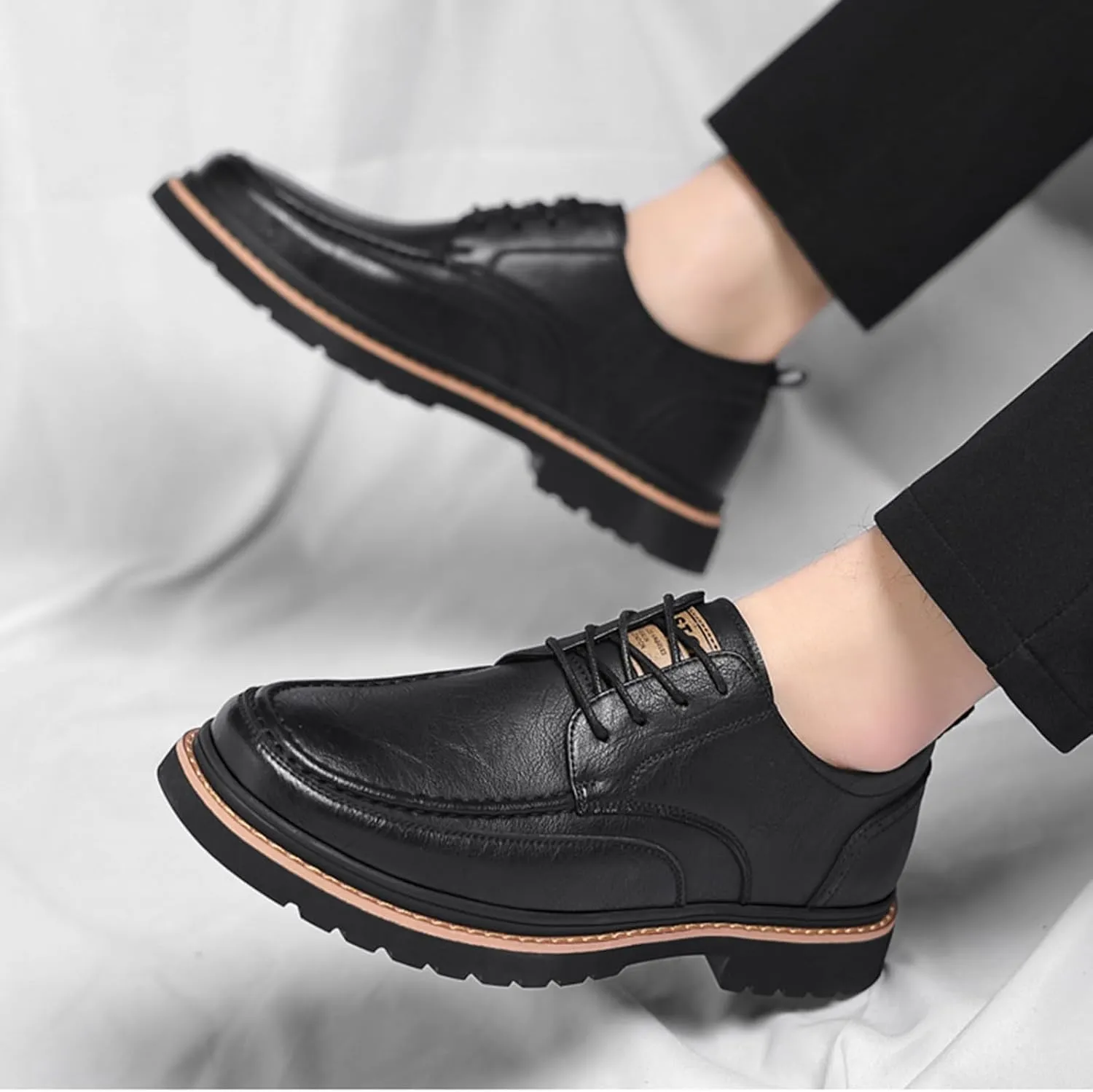 Men's Round Toe Lace Up Platform Oxfords Shoes Classic Comfort Slip-on Chunky Heel Lug Sole Non-Slip Waterproof Business Formal Derby Shoes