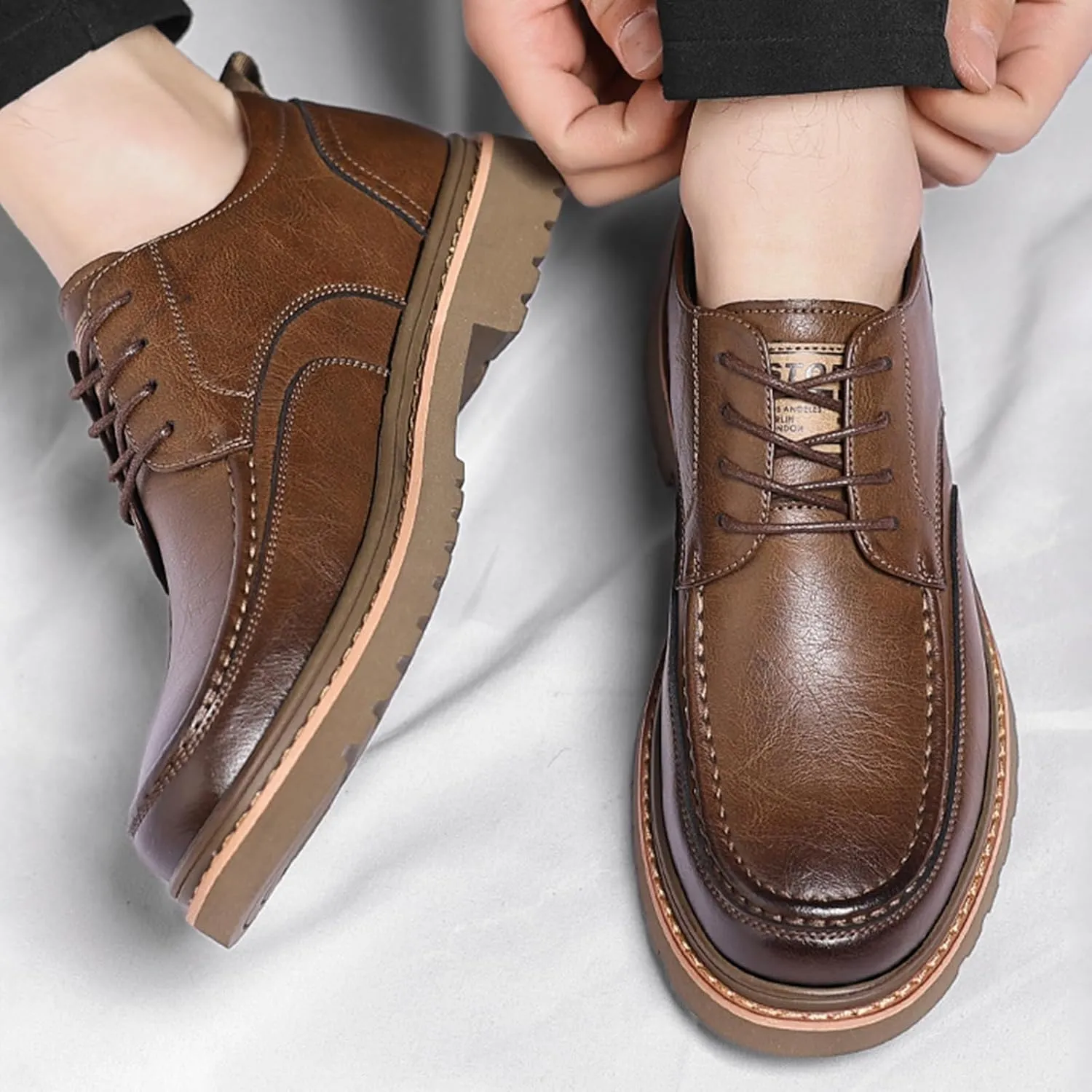 Men's Round Toe Lace Up Platform Oxfords Shoes Classic Comfort Slip-on Chunky Heel Lug Sole Non-Slip Waterproof Business Formal Derby Shoes