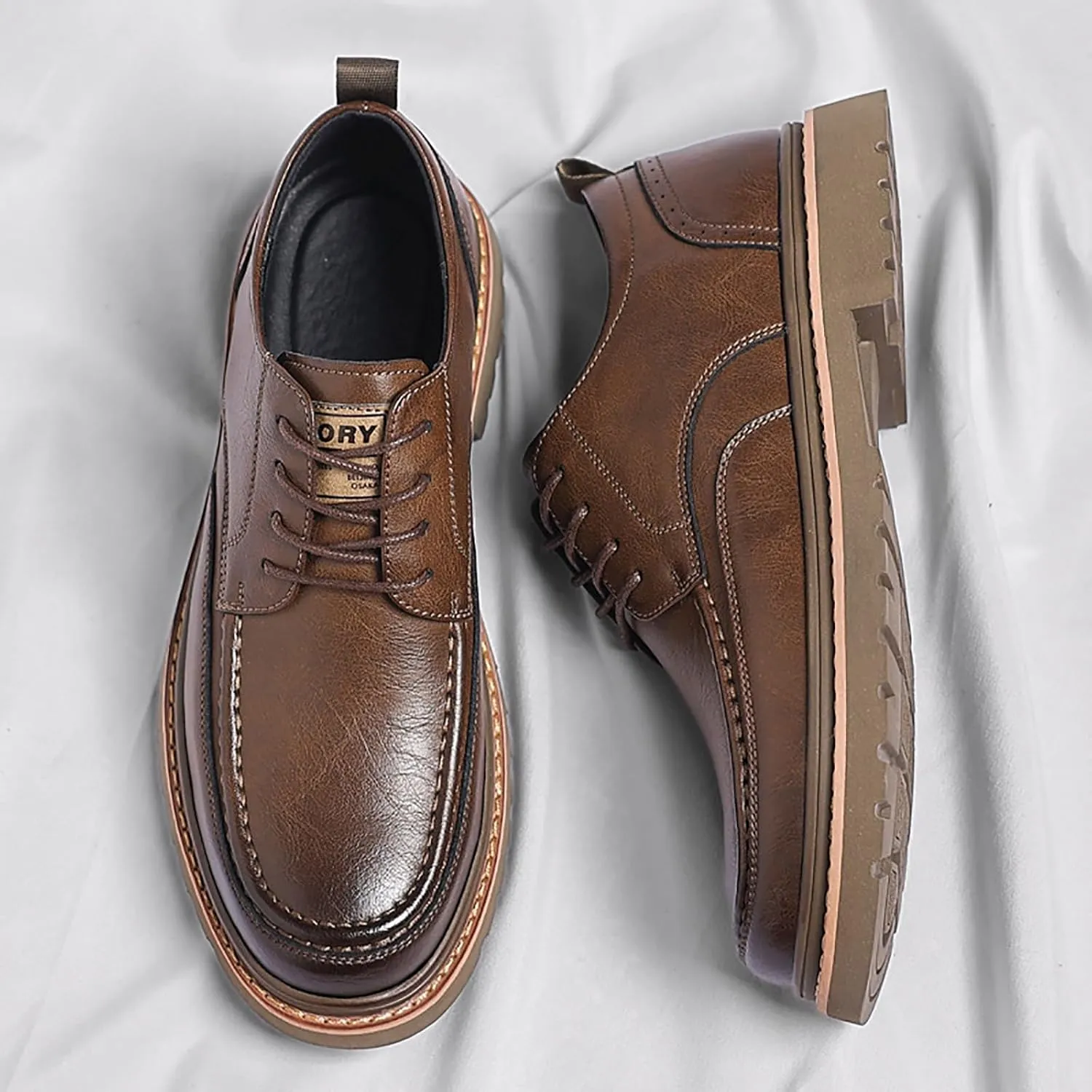 Men's Round Toe Lace Up Platform Oxfords Shoes Classic Comfort Slip-on Chunky Heel Lug Sole Non-Slip Waterproof Business Formal Derby Shoes