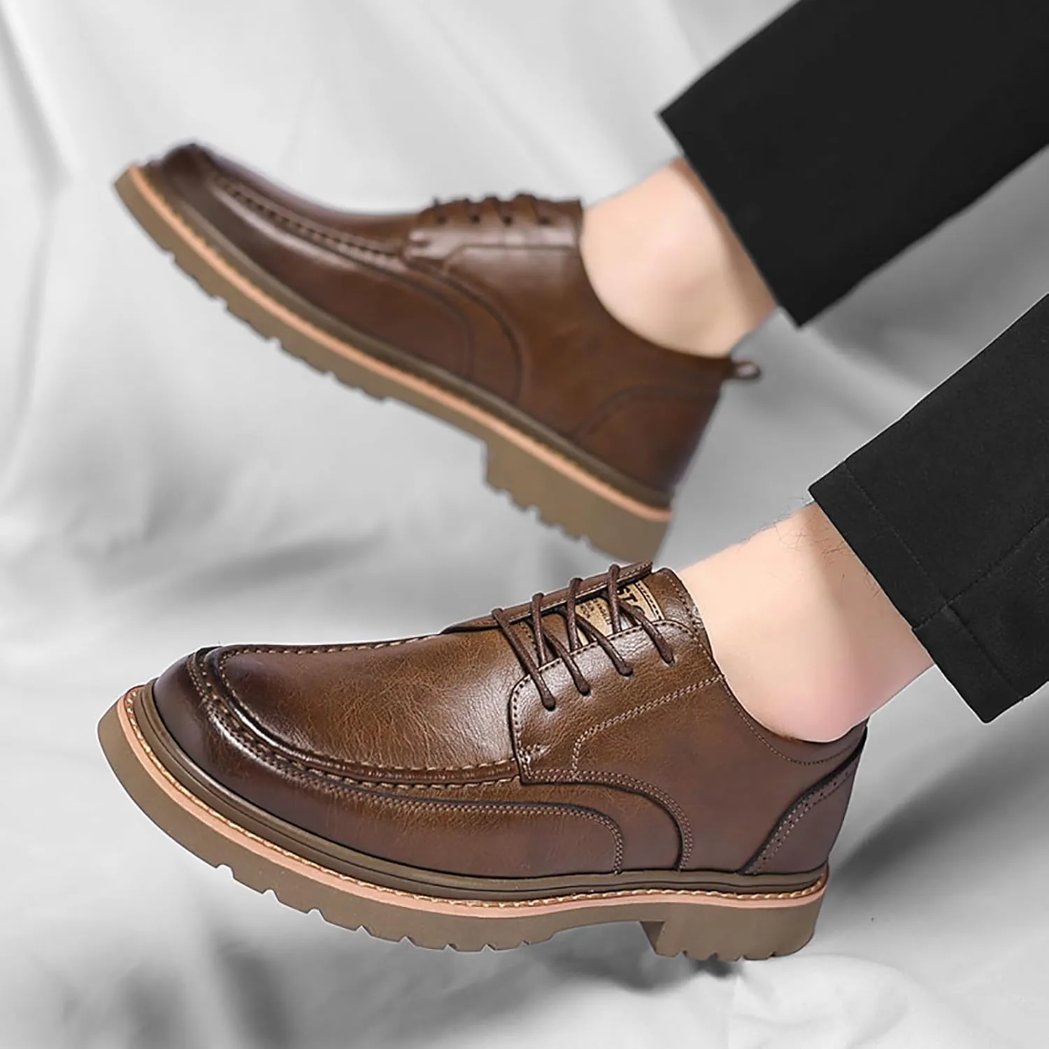 Men's Round Toe Lace Up Platform Oxfords Shoes Classic Comfort Slip-on Chunky Heel Lug Sole Non-Slip Waterproof Business Formal Derby Shoes