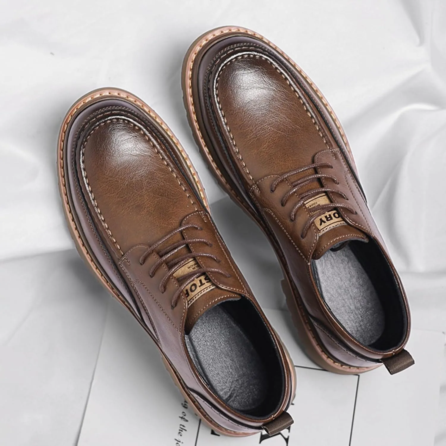 Men's Round Toe Lace Up Platform Oxfords Shoes Classic Comfort Slip-on Chunky Heel Lug Sole Non-Slip Waterproof Business Formal Derby Shoes