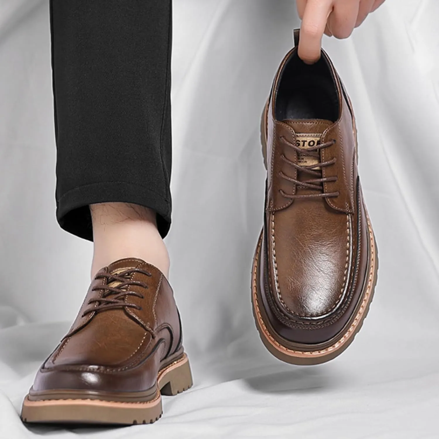 Men's Round Toe Lace Up Platform Oxfords Shoes Classic Comfort Slip-on Chunky Heel Lug Sole Non-Slip Waterproof Business Formal Derby Shoes