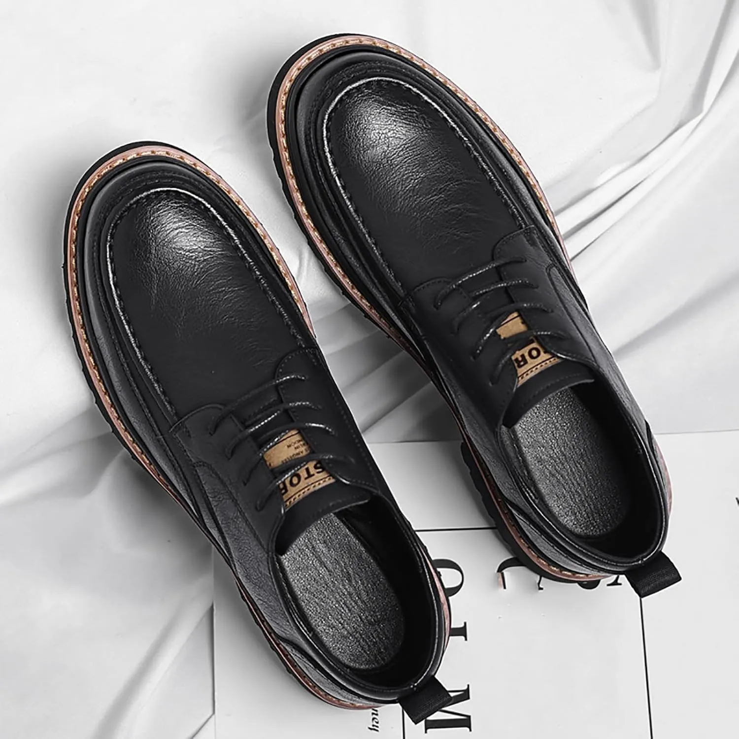 Men's Round Toe Lace Up Platform Oxfords Shoes Classic Comfort Slip-on Chunky Heel Lug Sole Non-Slip Waterproof Business Formal Derby Shoes