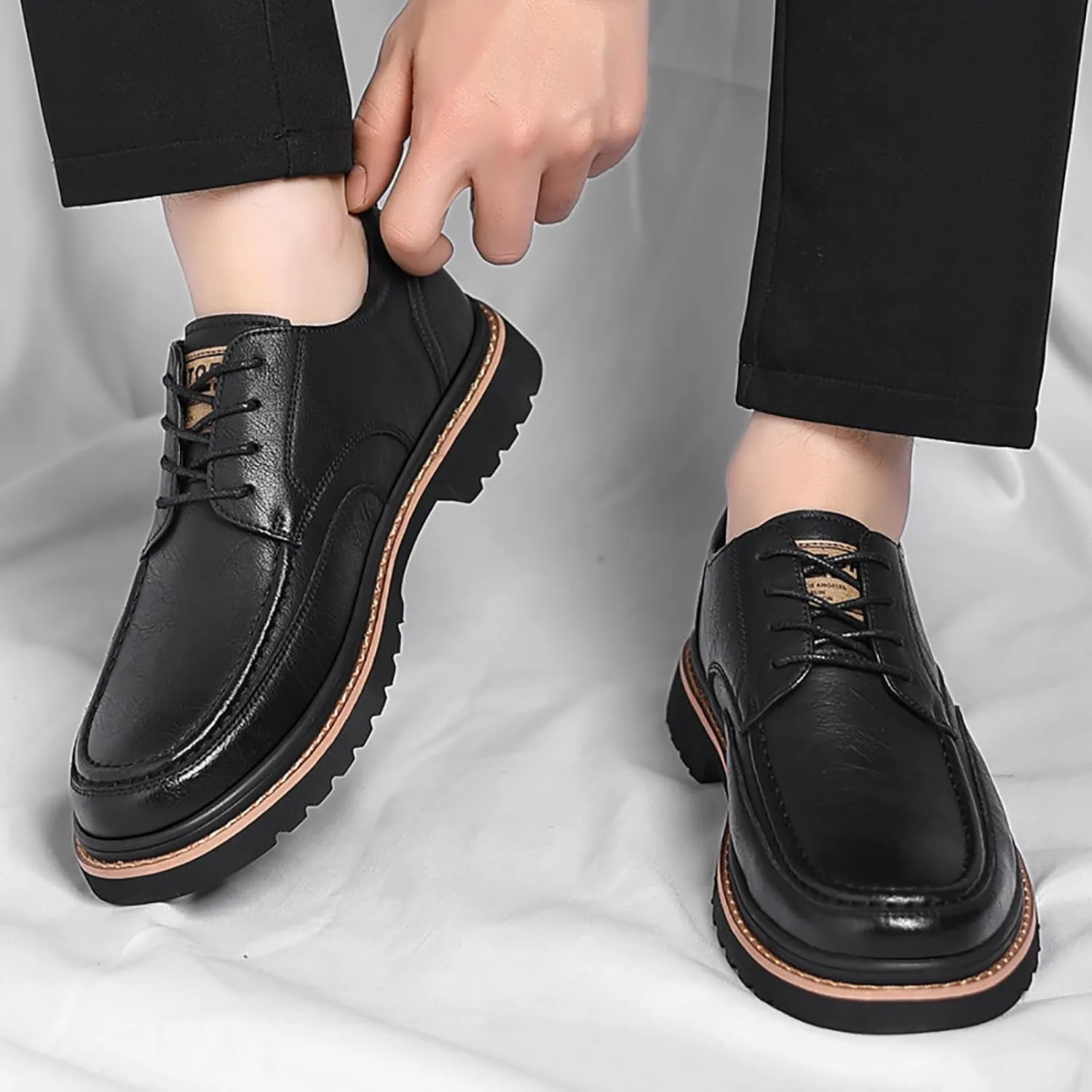Men's Round Toe Lace Up Platform Oxfords Shoes Classic Comfort Slip-on Chunky Heel Lug Sole Non-Slip Waterproof Business Formal Derby Shoes