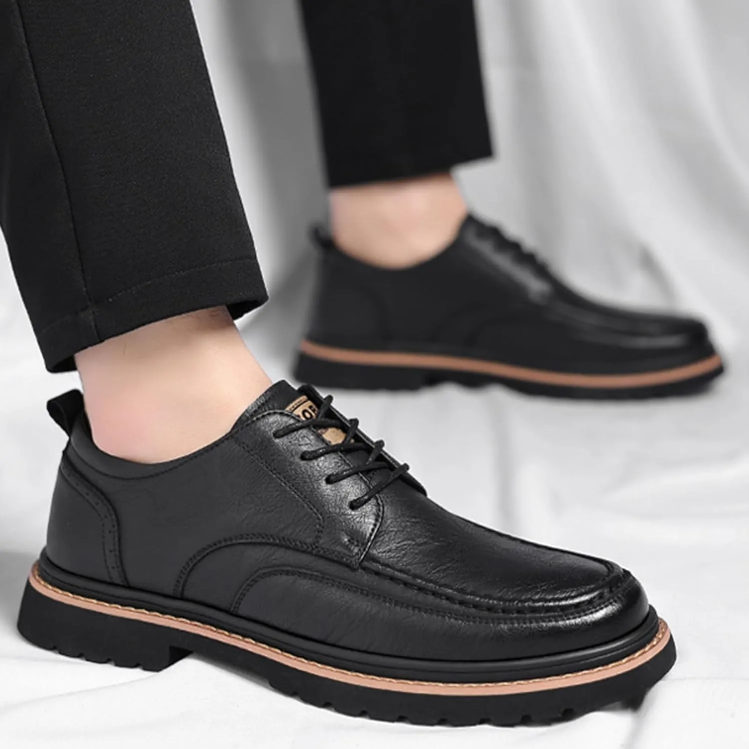 Men's Round Toe Lace Up Platform Oxfords Shoes Classic Comfort Slip-on Chunky Heel Lug Sole Non-Slip Waterproof Business Formal Derby Shoes