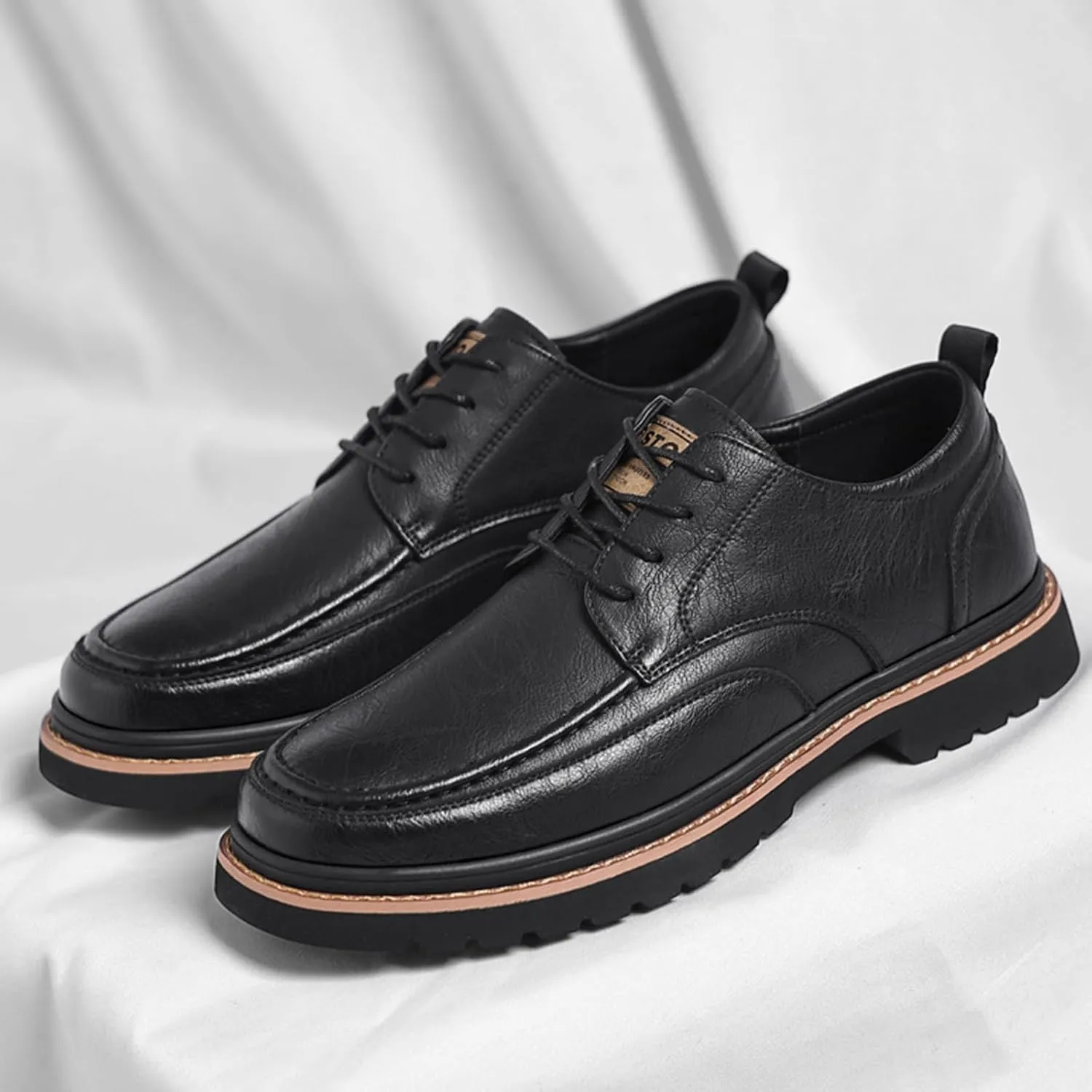 Men's Round Toe Lace Up Platform Oxfords Shoes Classic Comfort Slip-on Chunky Heel Lug Sole Non-Slip Waterproof Business Formal Derby Shoes