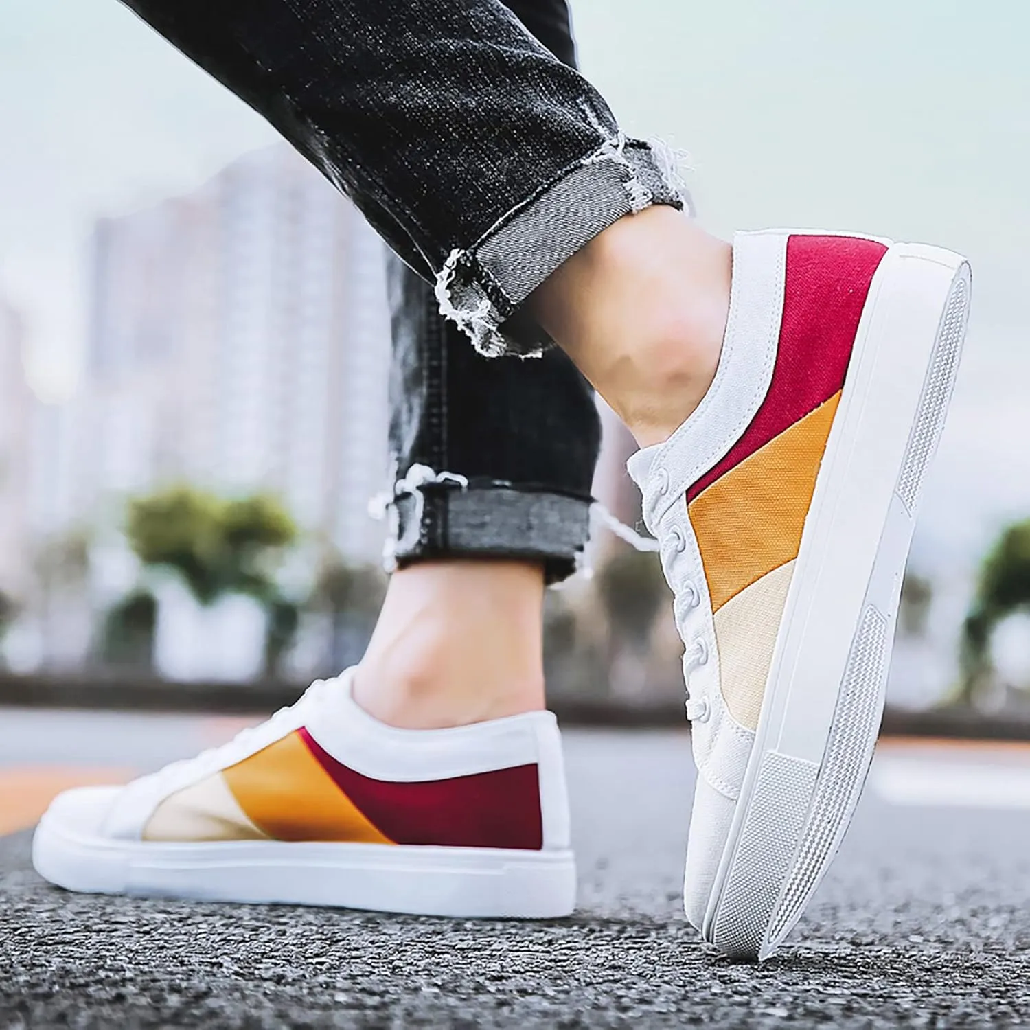 Men's Slip Shoes Men Low Top Color Matching Canvas Walking Shoes Lace Up Fashion Casual
