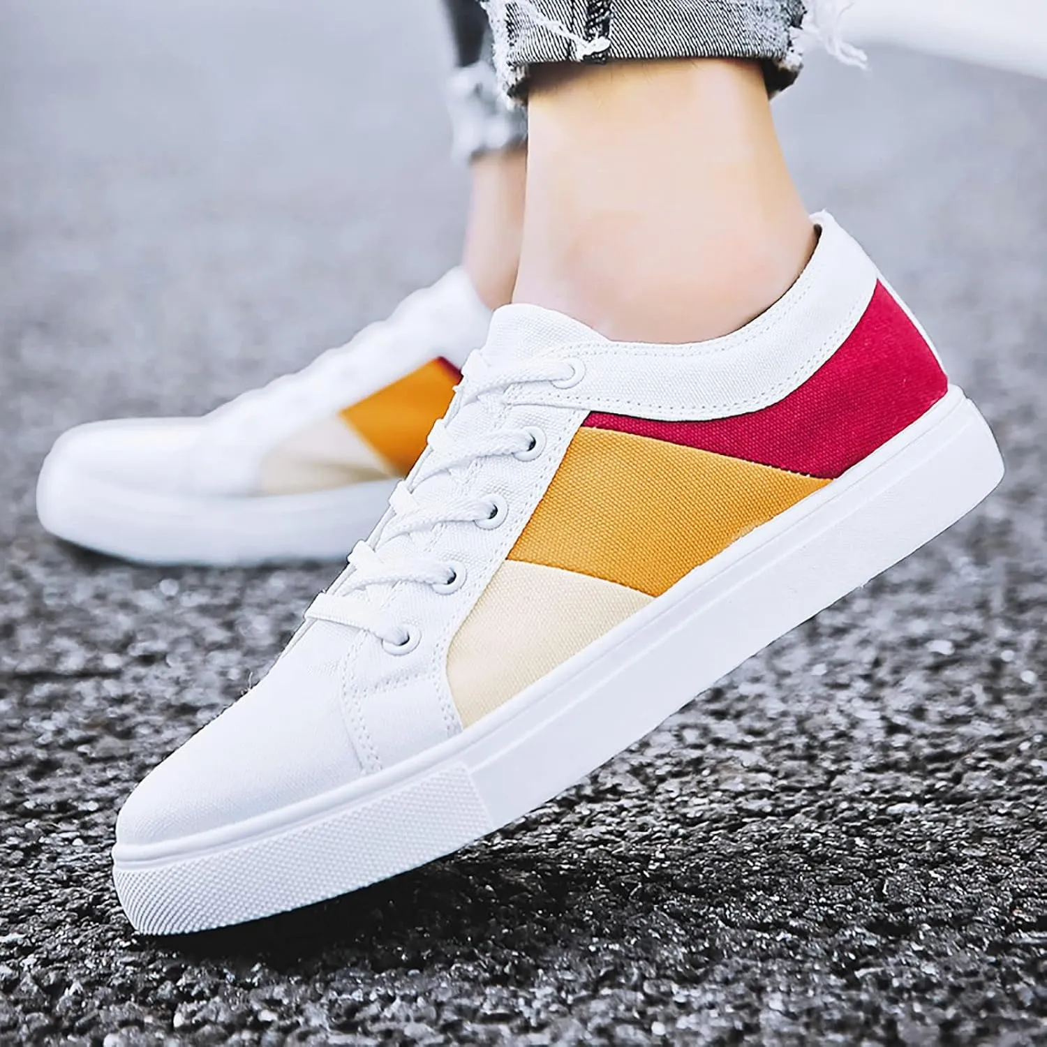 Men's Slip Shoes Men Low Top Color Matching Canvas Walking Shoes Lace Up Fashion Casual