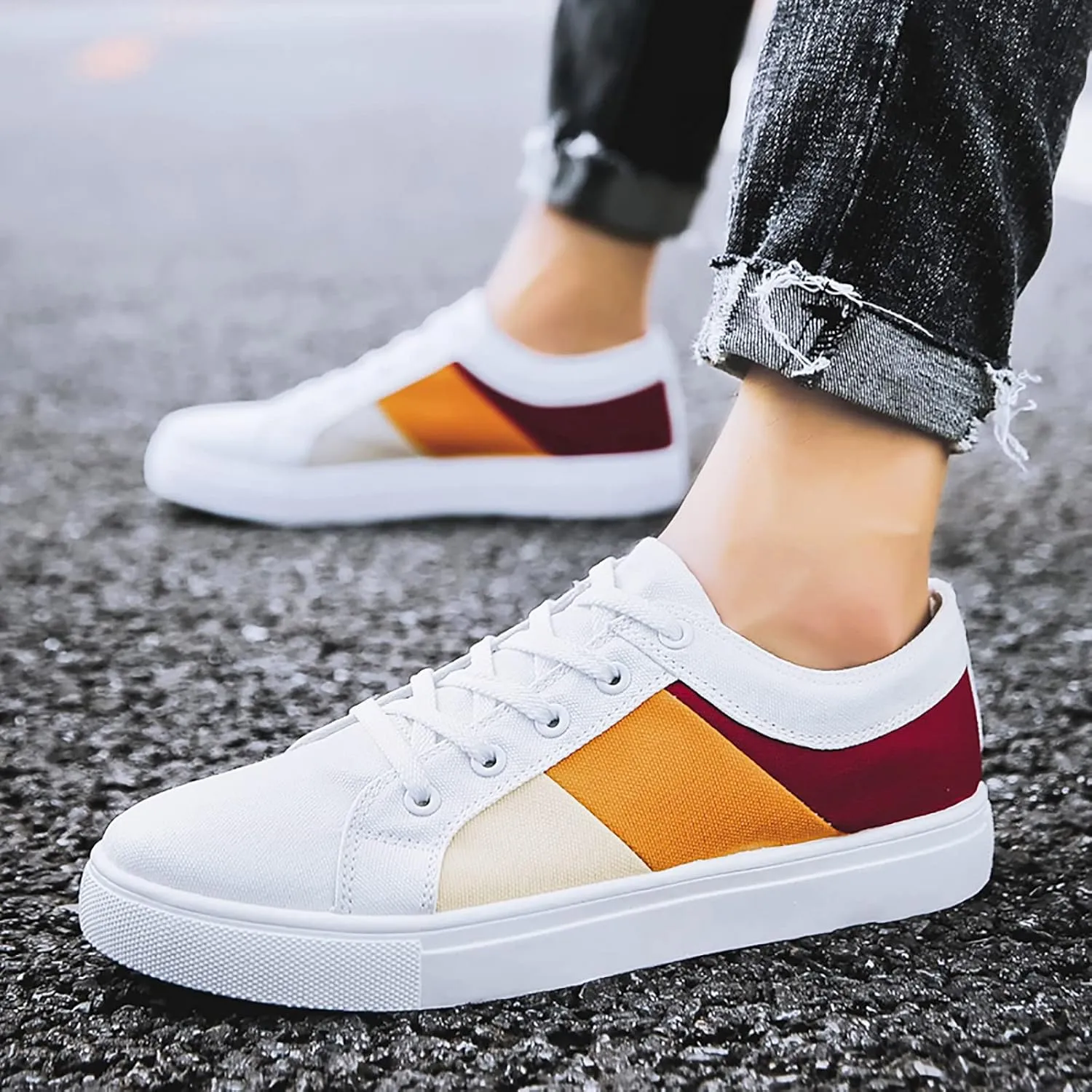 Men's Slip Shoes Men Low Top Color Matching Canvas Walking Shoes Lace Up Fashion Casual