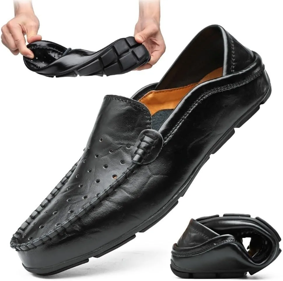 Men's Smoking Loafers - Breathable Moccasins, Simple Leather, Flexible, Flat Heel, Slip-On Driving Shoes, Anti-Slip & Resistant