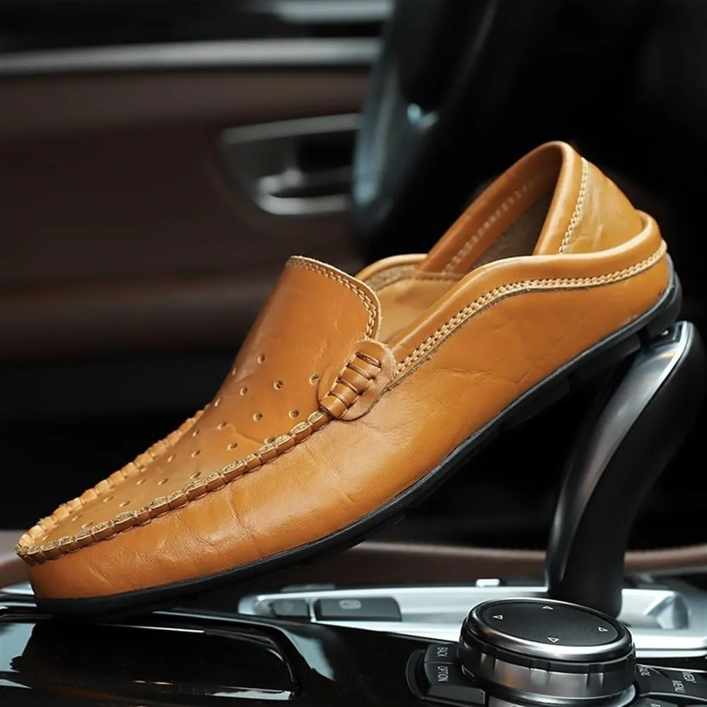 Men's Smoking Loafers - Breathable Moccasins, Simple Leather, Flexible, Flat Heel, Slip-On Driving Shoes, Anti-Slip & Resistant