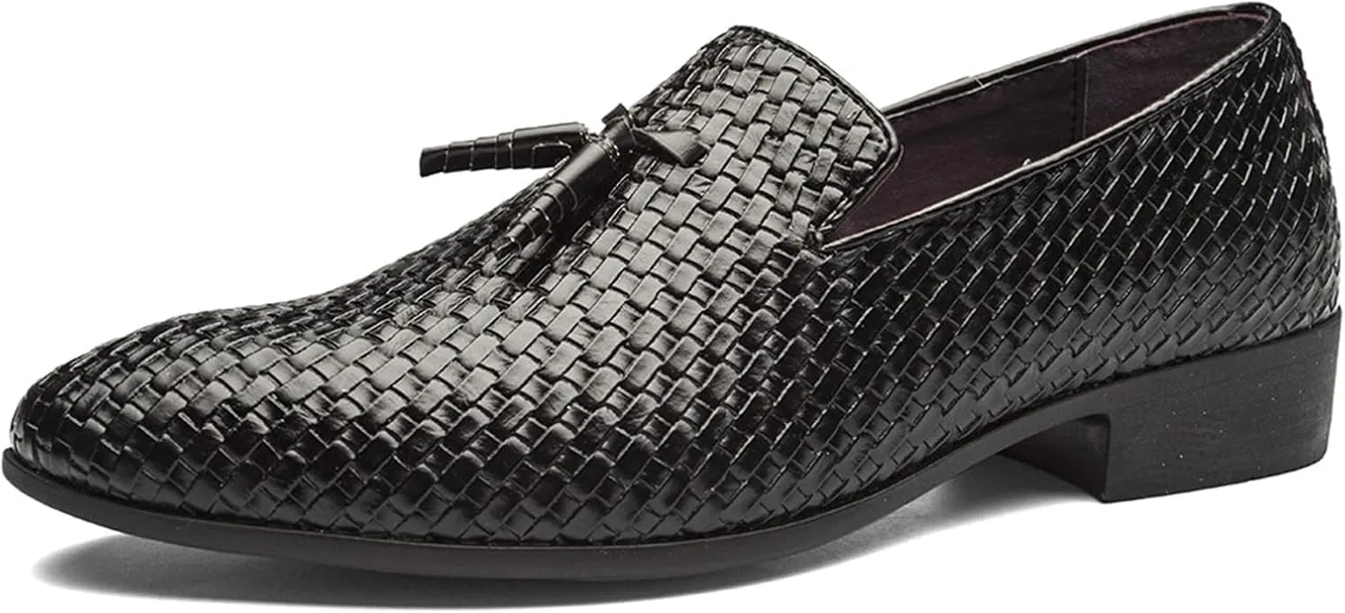 Men's Woven Tassel Loafers Round Toe Casual Leather Shoes Fashion Slip On Walking Dress Shoes for Men