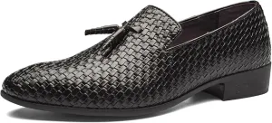 Men's Woven Tassel Loafers Round Toe Casual Leather Shoes Fashion Slip On Walking Dress Shoes for Men