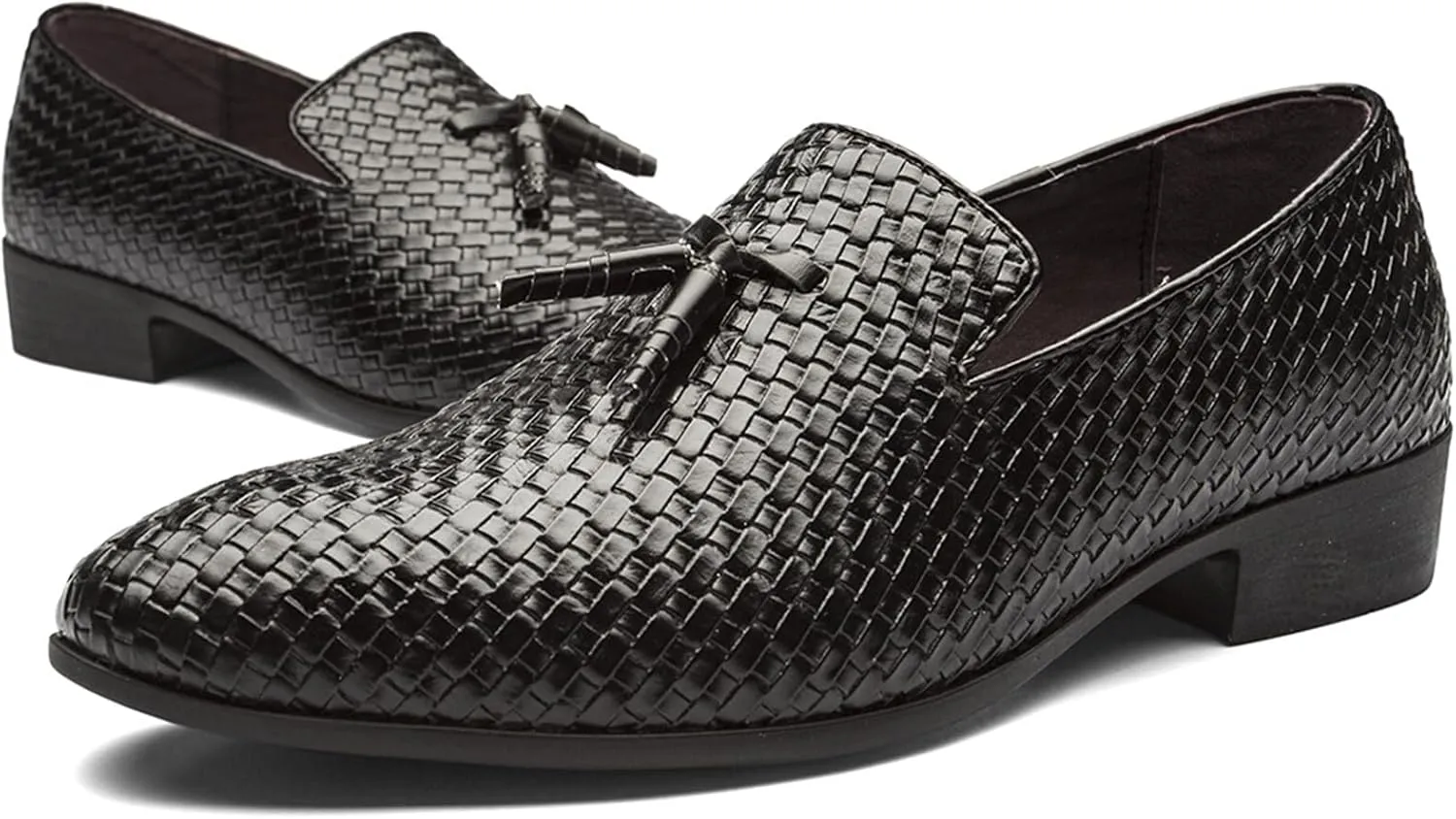 Men's Woven Tassel Loafers Round Toe Casual Leather Shoes Fashion Slip On Walking Dress Shoes for Men