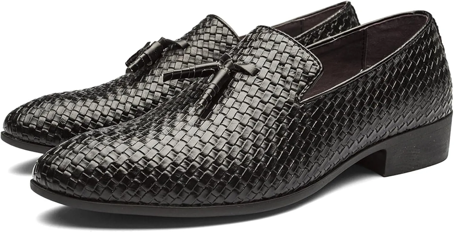 Men's Woven Tassel Loafers Round Toe Casual Leather Shoes Fashion Slip On Walking Dress Shoes for Men