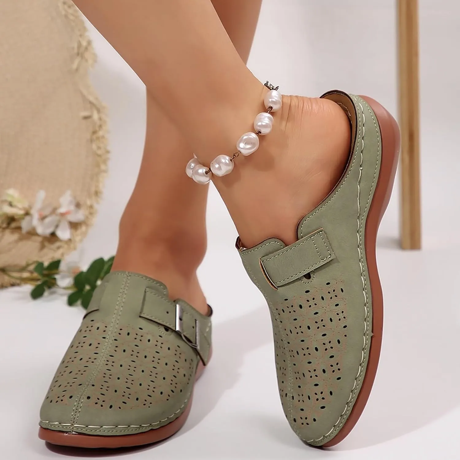 Mules for Women Wedge Sandals Comfortable Clogs with Arch Support Slip on Sandals with Adjustable Hook Loop Casual Closed Toe Mules