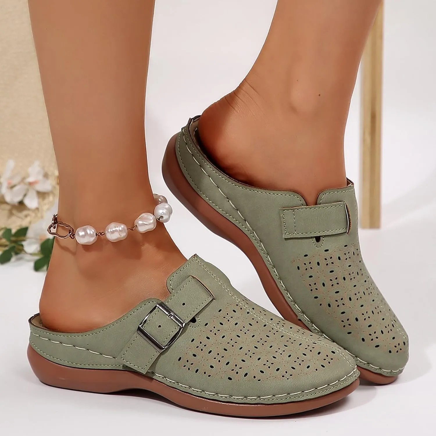 Mules for Women Wedge Sandals Comfortable Clogs with Arch Support Slip on Sandals with Adjustable Hook Loop Casual Closed Toe Mules