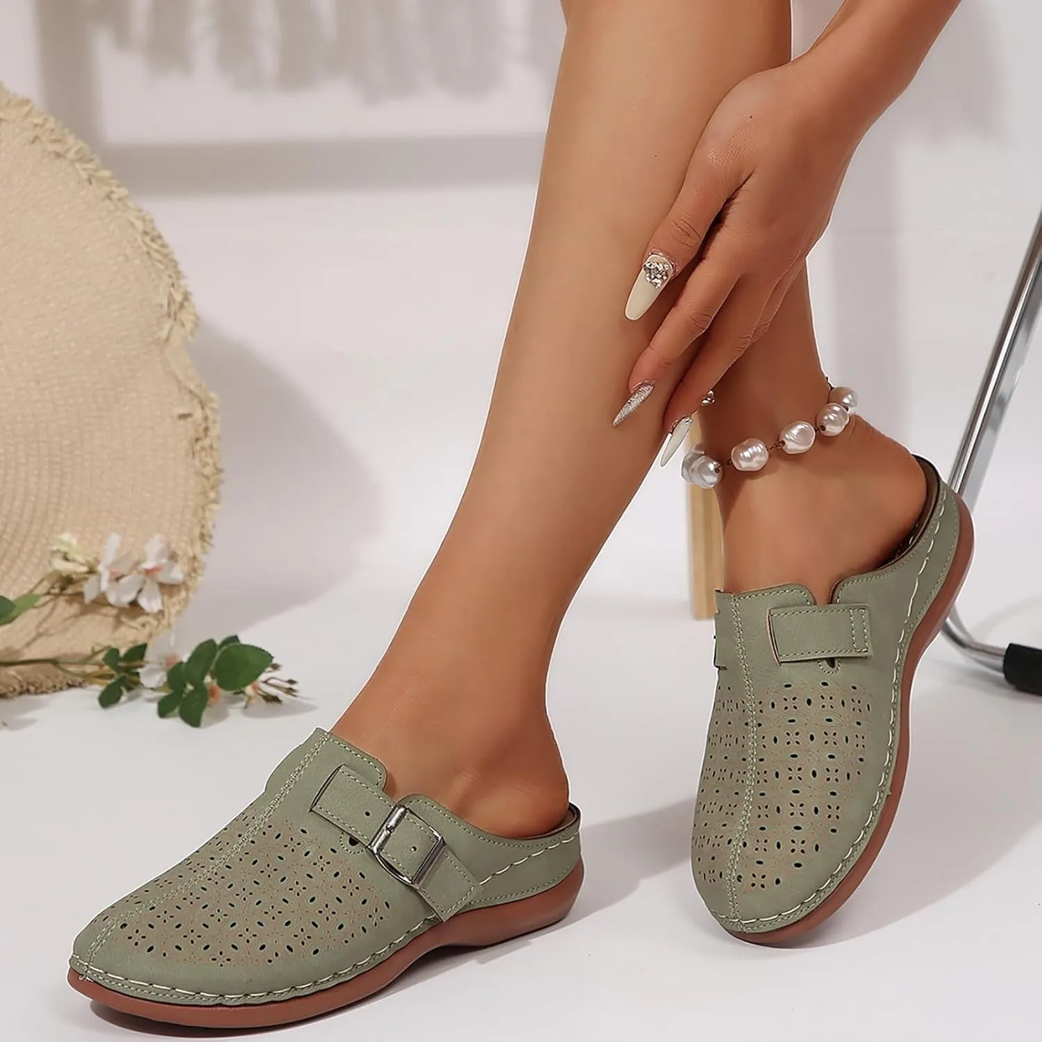 Mules for Women Wedge Sandals Comfortable Clogs with Arch Support Slip on Sandals with Adjustable Hook Loop Casual Closed Toe Mules