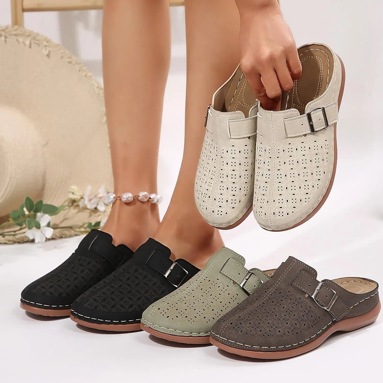 Mules for Women Wedge Sandals Comfortable Clogs with Arch Support Slip on Sandals with Adjustable Hook Loop Casual Closed Toe Mules