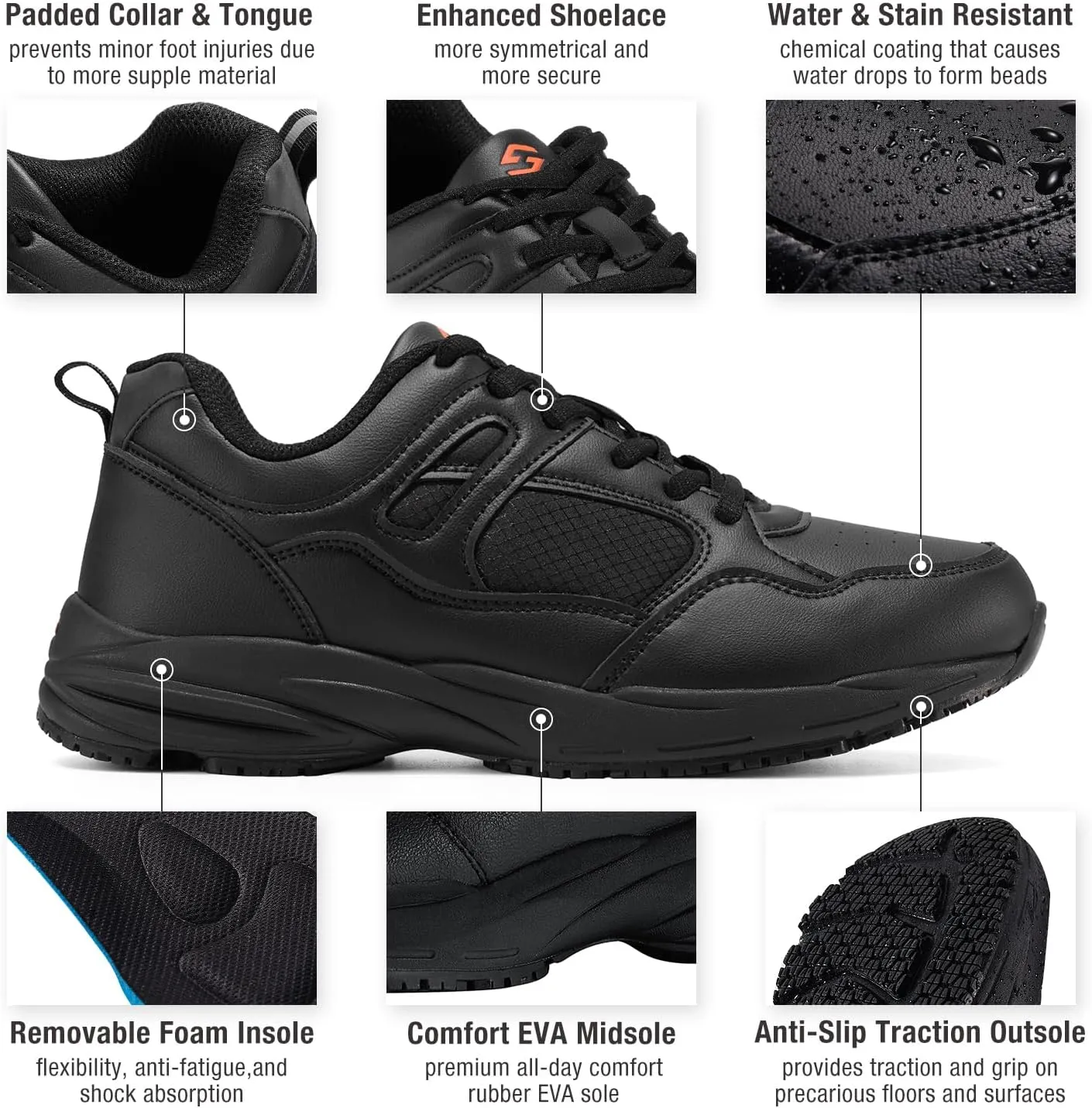 NINGO Slip Resistant Shoes for Men, Water and Oil Resistant Non Slip Work Shoes. Upgraded SRC Grade Non Slip Outsole, Casual Lace Up Work Sneakers for Chef Kitchen Restaurant