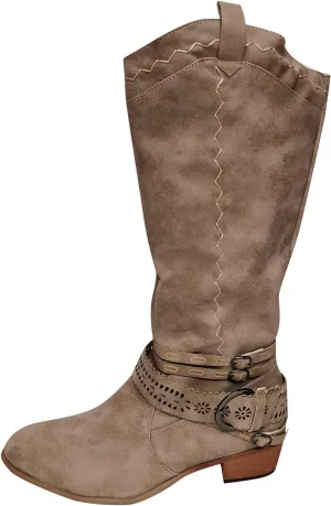 oiangi Women Chunky Cowboy Riding Boots Solid Casual Strap Buckle Warm Thick Heel Mid Calf Boots Winter Comfortable Ladies Outdoor Square Heel Shoes