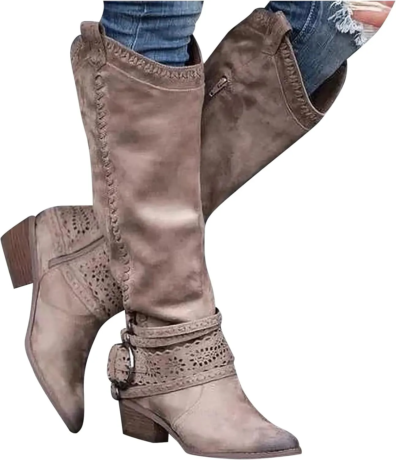 oiangi Women Chunky Cowboy Riding Boots Solid Casual Strap Buckle Warm Thick Heel Mid Calf Boots Winter Comfortable Ladies Outdoor Square Heel Shoes