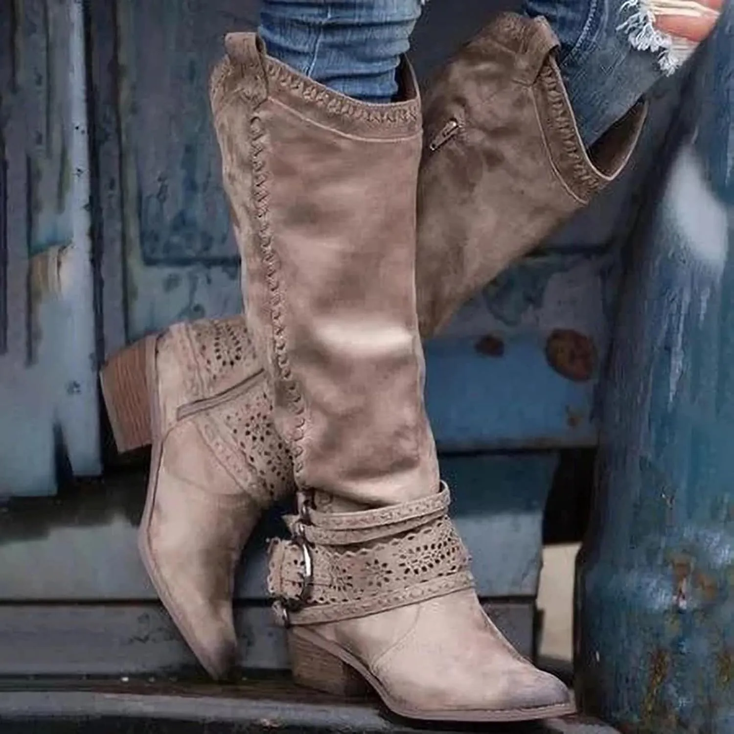 oiangi Women Chunky Cowboy Riding Boots Solid Casual Strap Buckle Warm Thick Heel Mid Calf Boots Winter Comfortable Ladies Outdoor Square Heel Shoes
