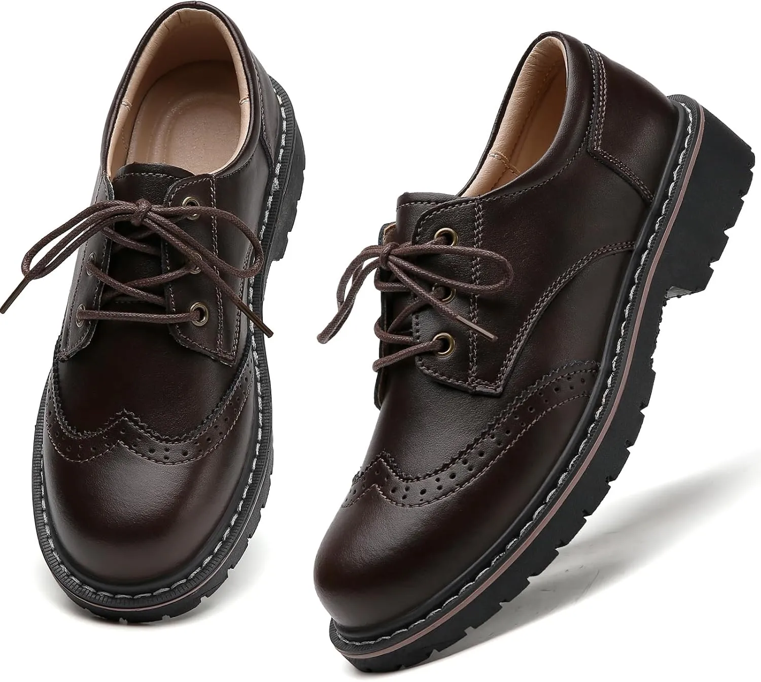 Oxford Shoes for Women,Perforated Lace-up Round Toe Leather Low Heel Brogues Shoe for Girls Ladies Women