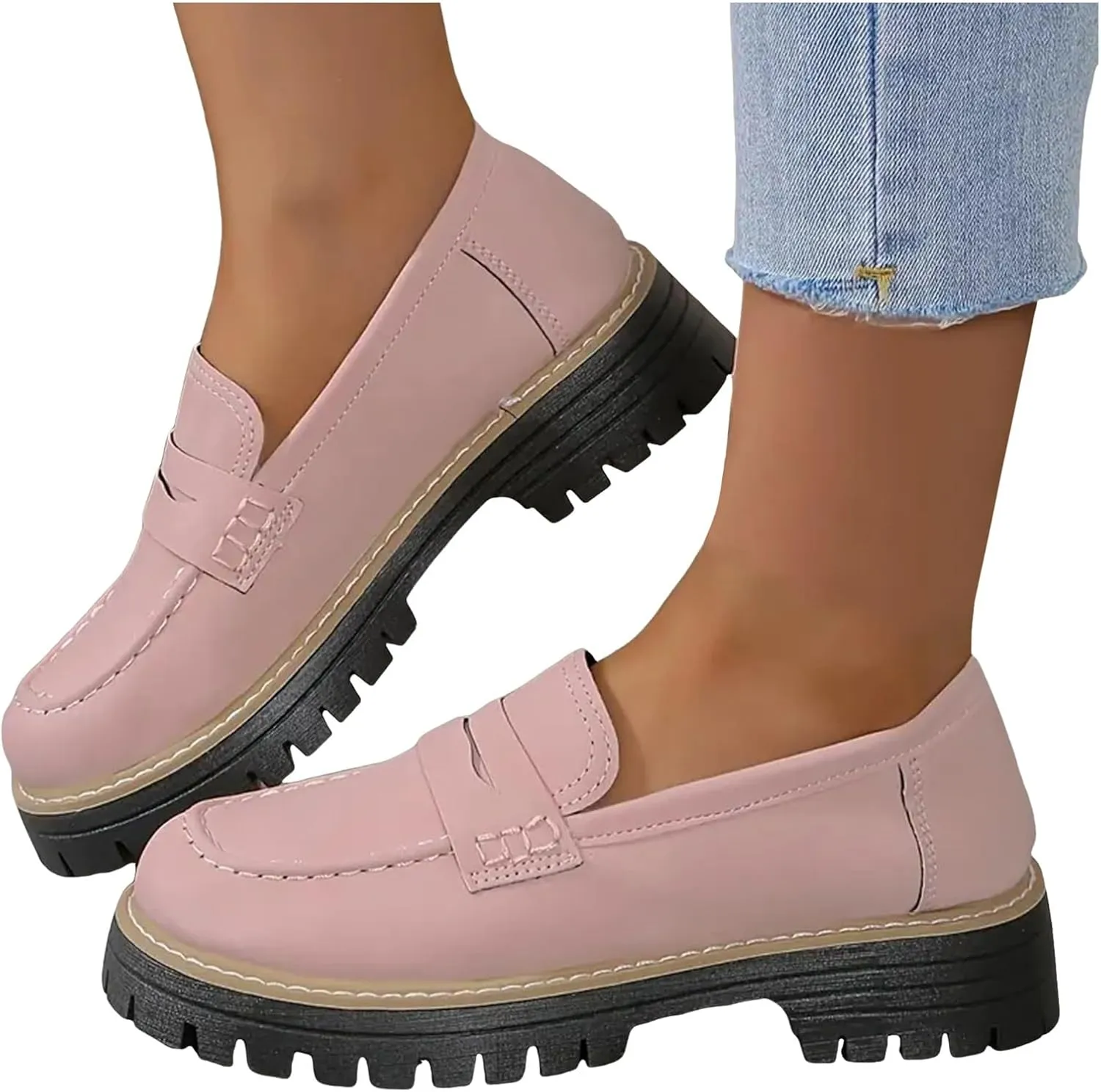 Platform Loafers for Women Comfortable,Women's Business Casual Shoes Lug Sole Chunky Wide Width Loafers for Women Slip On Work Low Heel Platform Shoes for Women Dressy Walking Trendy Flat Sneakers