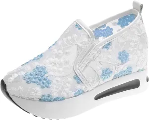 Platform Wedge Sneakers for Women Comfortable Orthopedic Shoes with Arch Support Breathable Mesh Floral Embroidery Sneakers Casual Slip On Shoes Fashion Walking Shoe