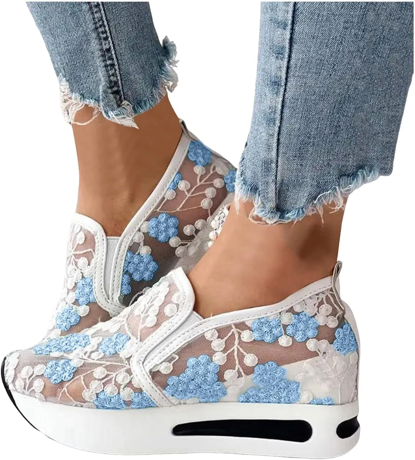 Platform Wedge Sneakers for Women Comfortable Orthopedic Shoes with Arch Support Breathable Mesh Floral Embroidery Sneakers Casual Slip On Shoes Fashion Walking Shoe